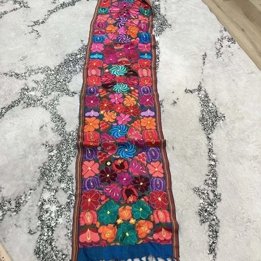 Vintage Embroidered Floral Table Runner Boho Guatemalan Style Textile 92 x 17